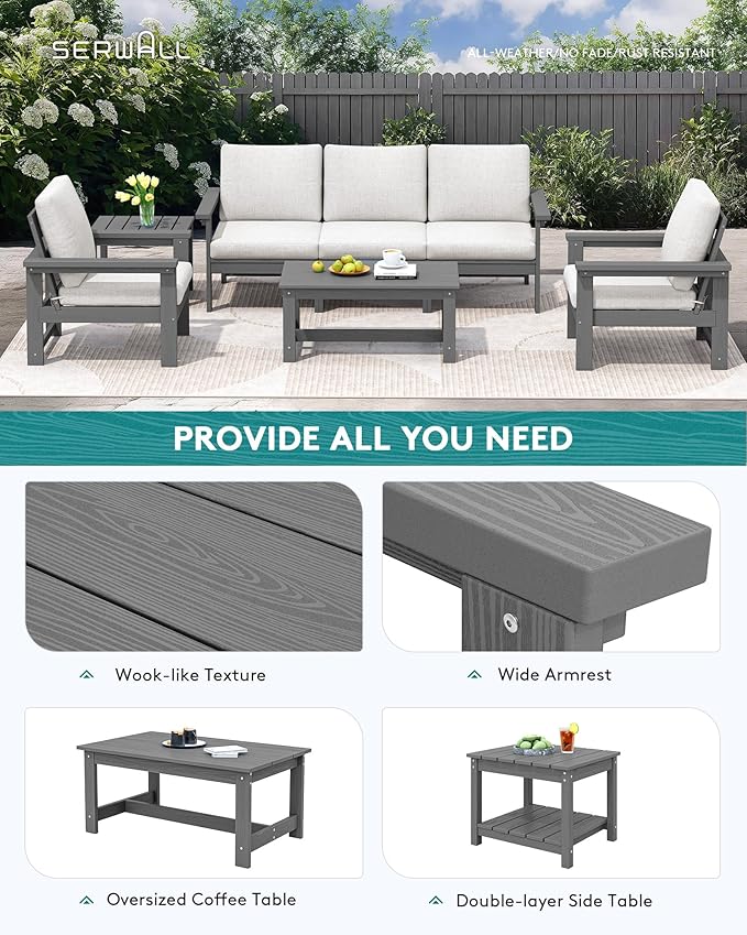 SERWALL HDPE Patio Coversation Set, 7-piece Outdoor Sectional Sofa Set, All Weather Patio Couch Set Patio Furniture for Balcony, Deck, Navy Frame with Grey Cushion
