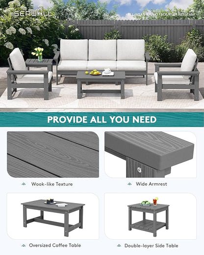 SERWALL HDPE Patio Coversation Set, 7-piece Outdoor Sectional Sofa Set, All Weather Patio Couch Set Patio Furniture for Balcony, Deck, Navy Frame with Grey Cushion