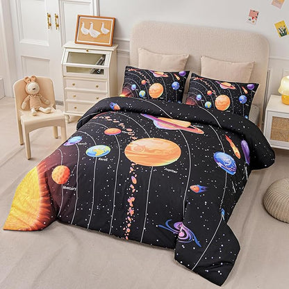 6 Pcs Solar System Comforter Set Full Outer Space Bedding Set Universe Planets Theme Comforter for Boys Kids Ultra-Soft (1 Comforter, 2 Pillowcases, 1 Flat Sheet, 1 Fitted Sheet,1 Pillowcover)