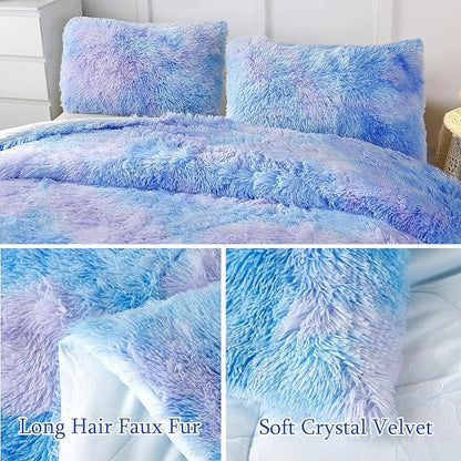 WINLIFE Shaggy Bedding Comforter Set Faux Fur Flannel Furry Comforter Microfiber Plush Comforter Sets Pastel Gradient Ombre Tie Dye MultiColor Bedding for Girls Adults (3Pcs, Twin, Purple Blue)