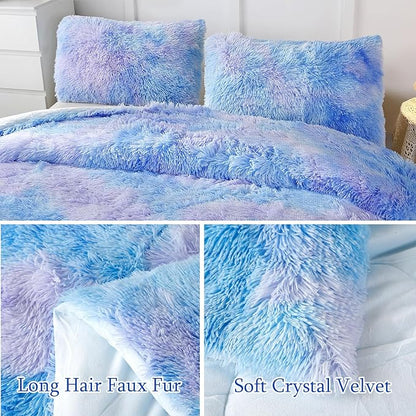 WINLIFE Shaggy Bedding Comforter Set Faux Fur Flannel Furry Comforter Microfiber Plush Comforter Sets Pastel Gradient Ombre Tie Dye MultiColor Bedding for Girls Adults (3Pcs, Queen, Purple Blue)