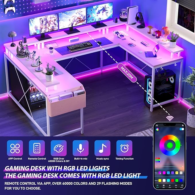 U Shaped Computer Gaming Desk, Reversible L Shaped Desk with Power Outlets, LED Strip & Monitor Stand, Large Corner Desk with Storage Shelves for Home Office,Deep Pink