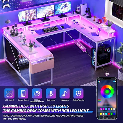 U Shaped Computer Gaming Desk, Reversible L Shaped Desk with Power Outlets, LED Strip & Monitor Stand, Large Corner Desk with Storage Shelves for Home Office,Deep Pink