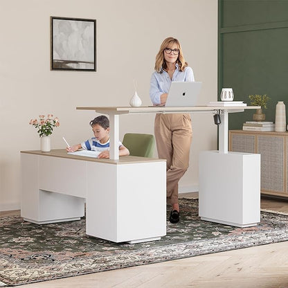 FEZIBO 63" L Shaped Executive Standing Desk with 3-Drawer File Cabinet, Electric Height Adjustable Stand up Desk for Home Office, Computer Desk with Storage Cabinets, White Frame Light Walnut Top