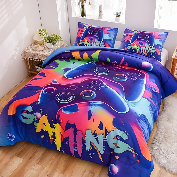 Aimuan Gaming Comforter Sets for Boys Kids Bedding Sets Video Games Console Action Buttons Novelty Colorful Game Gamepad Controller Modern Gamer Room Decor Home Quilt Set (Twin, Purple)