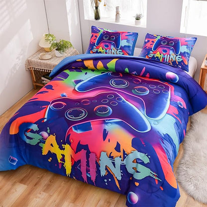 Aimuan Gaming Comforter Sets for Boys Kids Bedding Sets Video Games Console Action Buttons Novelty Colorful Game Gamepad Controller Modern Gamer Room Decor Home Quilt Set (Full, Purple)