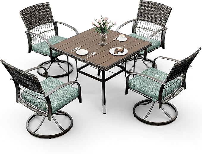 Pamapic 5 Piece Patio Dining Set for 4,Outdoor Wicker Furniture Set for Backyard Garden Deck Poolside with 4 Cushions Swivel Rocker Chairs,Square Plastic-Wood Table Top, Removable Cushions(Green)