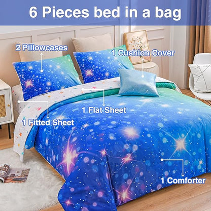 A Nice Night 6Pcs Gradient Glitter Bedding Set for Girls, Colorful Rainbow Galaxy Comforter Set, Ultra Soft Bedding Sets (Blue-Green,Twin 6Pcs)