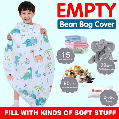 Lukeight Stuffed Animal Storage Bean Bag Chair Cover for Kids, Dinosaur Zipper Beanbag Chair Cover for Organizing Toddler & Kids' Rooms Plush Toys (Dinosaur Blue, X-Large)
