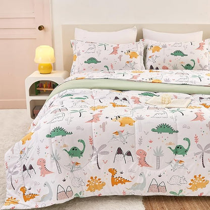 Dinosaur Kids Comforter Set for Boys Twin, Cute Reversible Quilted Dino Printed Bedding Set with Pillow Sham, Lightweight Soft Breathable Machine Washable Bed Set 2 Piece