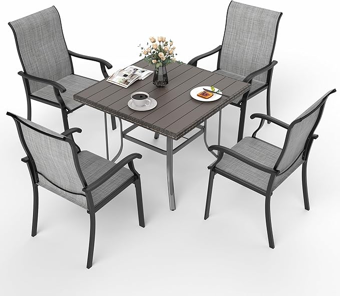 Pamapic 5 Pieces Patio Dining Set, Outdoor Table and Chairs for Garden Backyard Poolside Deck,Outdoor Furniture Set with Square Plastic-Wood Table Top,4 Textilene Chairs,Gray