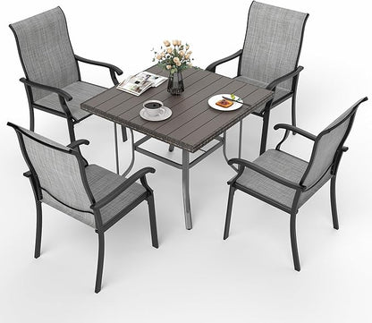 Pamapic 5 Pieces Patio Dining Set, Outdoor Table and Chairs for Garden Backyard Poolside Deck,Outdoor Furniture Set with Square Plastic-Wood Table Top,4 Textilene Chairs,Gray