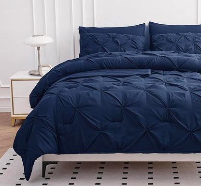Lane Linen King Size Comforter Set, 7 Piece Bedding King Size, Pintuck King Bed in a Bag Set, Soft King Size Bed Set, Pinch Pleated King Size Comforter Set with Sheets, Pillowcases & Shams - Navy Blue