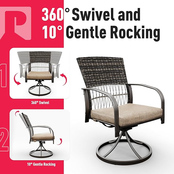 Pamapic 5 Piece Patio Dining Set for 4,Outdoor Wicker Furniture Set for Backyard Garden Deck Poolside with 4 Cushions Swivel Rocker Chairs,Square Plastic-Wood Table Top, Removable Cushions(Beige)