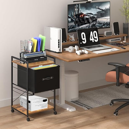 VECELO Vertical Filing Cabinet Set of 2, Rolling Printer Shelf with Handle, Suitable for Letter Size, Sturdy Steel Frame and Folding Fabric Drawer for Living Room/Bedroom/Hallway, Brown+Black