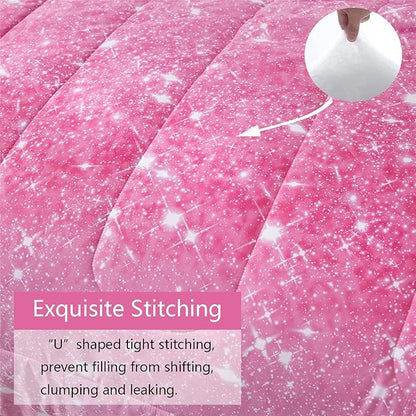 Pink Glitter Comforter Set Full/Queen Size for Girls, Sparkle Galaxy Twinkle Starlight Comforter for Kids Teen,2 Piece Pink Ombre Pastel Bedding Set with 2 Pillow Cases(Pink)