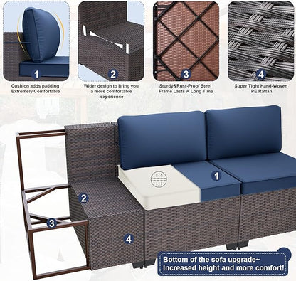 Patio Furniture Sectional Sofa Set 11PCS PE Rattan Swivel Rocking Chairs Patio Conversation Set w/43in Gas Fire Pit Table, Outdoor Furniture with 55000 BTU Propane Fire Pit, Navy Blue