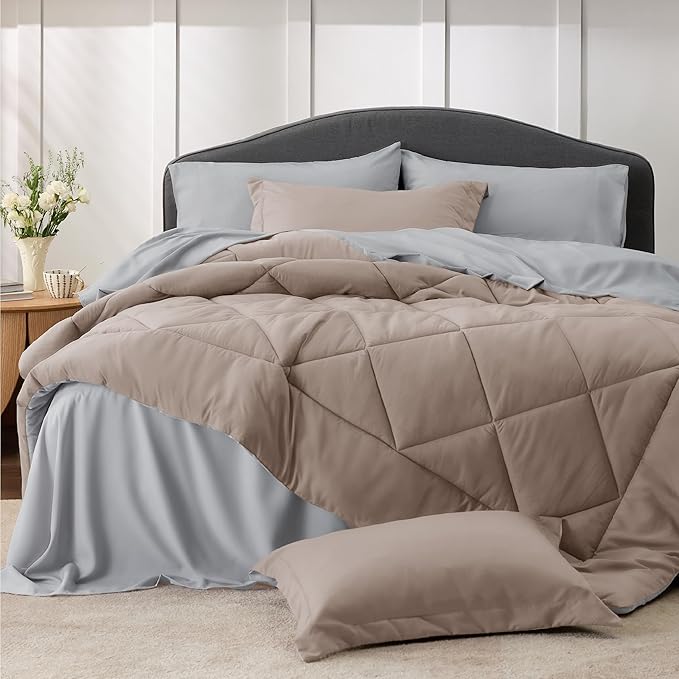 Bedsure Taupe Queen Comforter Set - 7 Pieces Reversible Queen Bed in a Bag Queen Bed Set with Comforters, Sheets, Pillowcases & Shams, Queen Bedding Sets