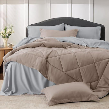 Bedsure Taupe King Size Comforter Set - 7 Pieces Reversible King Bed in a Bag King Bed Set with Comforters, Sheets, Pillowcases & Shams, King Bedding Sets