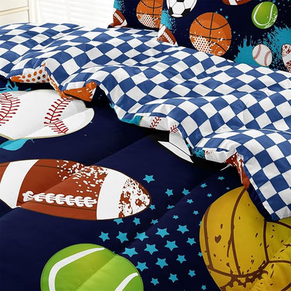 Kids Boys Comforter Set Twin Bed in a Bag w/Sheet Sets, Blue Twin Bedding Sets for Teens Soccer Basketball Baseball Football Sports Themed Bedroom Decor Reversible Design
