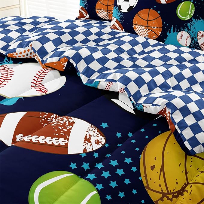 Kids Boys Comforter Set Full Bed in a Bag w/Sheet Sets, Blue Full Bedding Sets for Teens Soccer Basketball Baseball Football Sports Themed Bedroom Decor Reversible Design