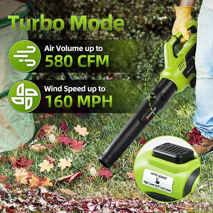Leaf Blower Cordless, 580CFM/160MPH Electric Leaf Blower with 4.0Ah Battery Powered, Blower with Extension Nozzle, Lightweight Leaf Blowers for Lawn Care, Yard, Garage, Patio & Sidewalk Blowing