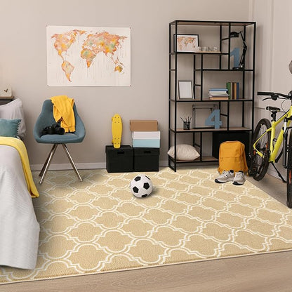 Chicrug Shag Geometric Modern Area Rug for Living Room, 5x7 Feet Large Memory Foam Indoor Carpet, Fluffy Rug for Bedroom Bedside Room Decor for Family Girls Kids Nursery, Beige/White