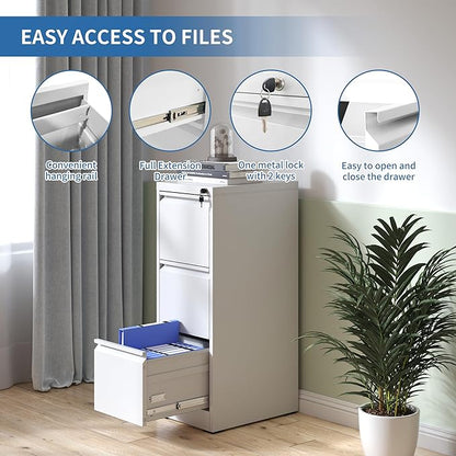 3 Drawer File Cabinet with Lock, Metal Vertical Filing Cabinets for Home Office, Steel Storage Cabinet for Hanging Legal/Letter Size Files, Assembly Required (White)