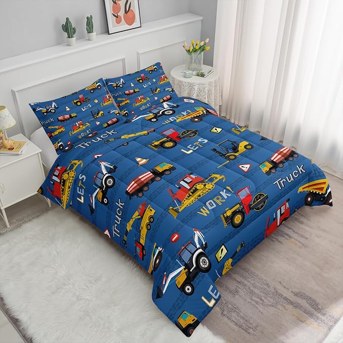 Axolotl Tractor Truck Bedding Set Queen,Excavator Comforter Set,Vehicles Truck Comforter,Boys Bedding Machinery Truck Comforter Construction Site Decor for Kids Boys Teens,1 Quilt 2 Pillowcases,Blue