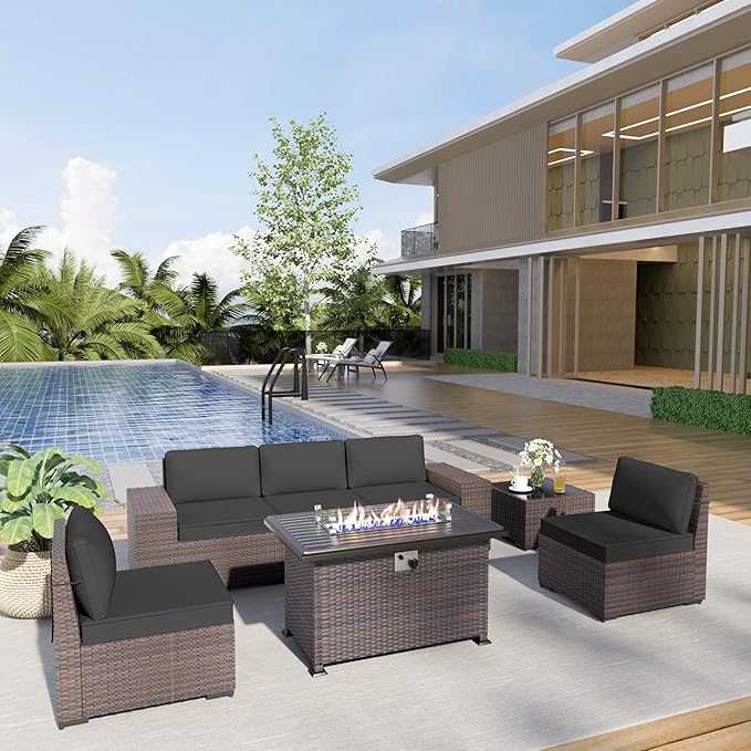 Patio Furniture Sectional Sofa Set 7-Pieces PE Rattan Patio Conversation Set w/43in Gas Fire Pit Table, Outdoor Furniture with 55000 BTU Propane Fire Pit, Black