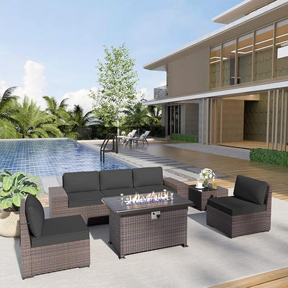 Patio Furniture Sectional Sofa Set 7-Pieces PE Rattan Patio Conversation Set w/43in Gas Fire Pit Table, Outdoor Furniture with 55000 BTU Propane Fire Pit, Black