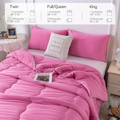 COTTEBED Rose Pink Comforter Queen Size, Jersey Knit T-Shirt Feel Ultra-Soft Cute Cozy Durable Lightweight Bedding Blanket Down Conforter Set and Pillowcase for Women Girl All Season Use Full/Queen