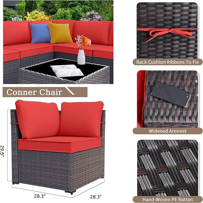 Patio Furniture Sectional Sofa Set 13-Pieces PE Rattan Patio Conversation Set w/43in Gas Fire Pit Table, Outdoor Furniture with 55000 BTU Propane Fire Pit, Red