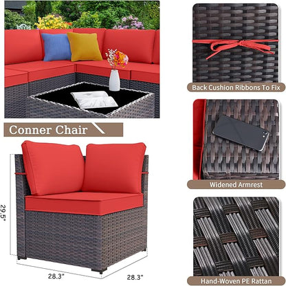 Patio Furniture Set Sofa 6-Piece Wicker PE Rattan Sectional Sofa Set, Outdoor Furniture Patio Conversation Set with Glass Coffee Table and Cushions, Red