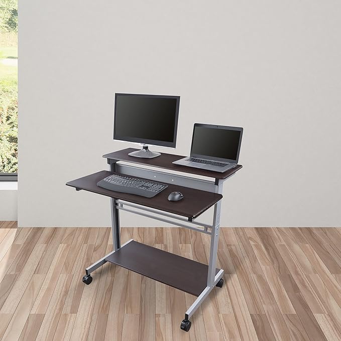 Stand Up Desk Store Rolling Adjustable Height Two Tier Standing Desk Computer Workstation (Silver Frame/Dark Walnut Top, 40" Wide)