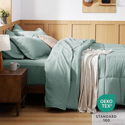 Bedsure Sage Green Queen Comforter Set - 7 Pieces Solid Queen Bed in a Bag, Queen Bed Set Sage Green with Quilted Warm Fluffy Comforters, Sheets, Pillowcases & Shams