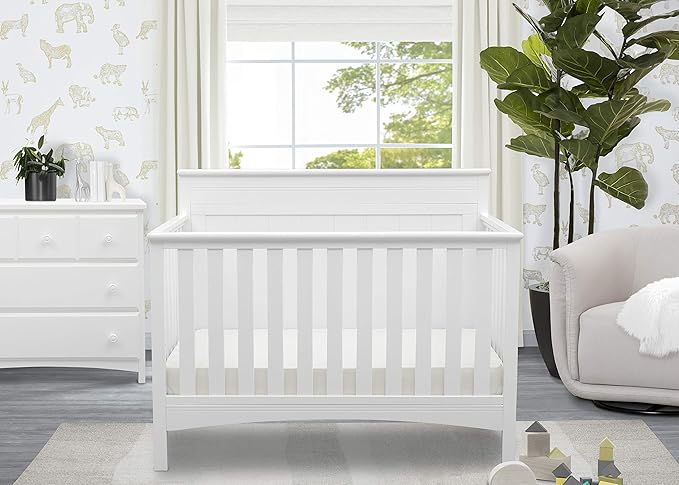 Delta Children Fancy 4-in-1 Crib, Bianca + Serta Perfect Slumber Dual Sided Recycled Fiber Core Crib and Toddler Mattress (Bundle)