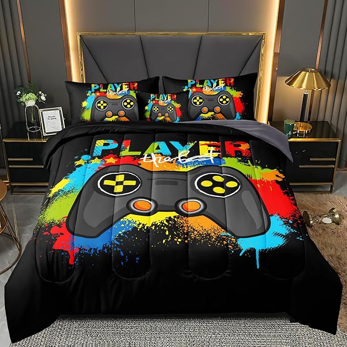 Gamer Comforter Set Gaming Twin Size,Video Game Controller Comforter for Boys Kids Adult 3D Gamepad Microfiber Bedding Sets 5 Pieces Bed in A Bag Sets30019,Twin