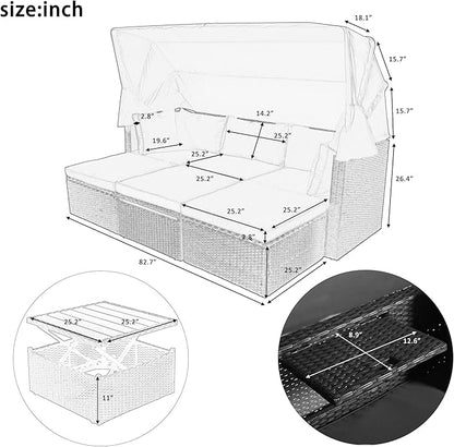 Patio Rectangle Daybed with Retractable Canopy and Lift Up Side Table, PE Rattan Wicker Outdoor Furniture Sectional Sofa Set Sunbed w/Ottoman for Garden, Onesize, Grey Rattan&Blue Cushions