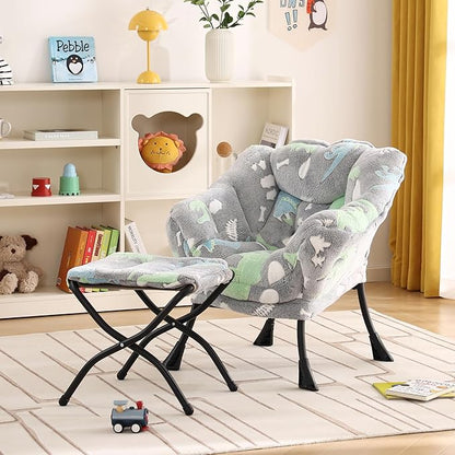 Welnow Toddler Kids Lazy Chair with Ottoman, Glow in The Dark Accent Comfy Lounge Children Armchair Couch with Removable Cover, Detachable Reading Chair with Footrest for Boy or Girl, Grey Dinosaur
