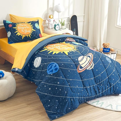 SLEEP ZONE Kids 7-Piece Soft Lightweight Bed in a Bag for Boys, Include Comforter, Flat Sheet, Fitted Sheet, Pillow sham, Pillowcase, Down Alternative Comforter Set(Solar System, Full/Queen)