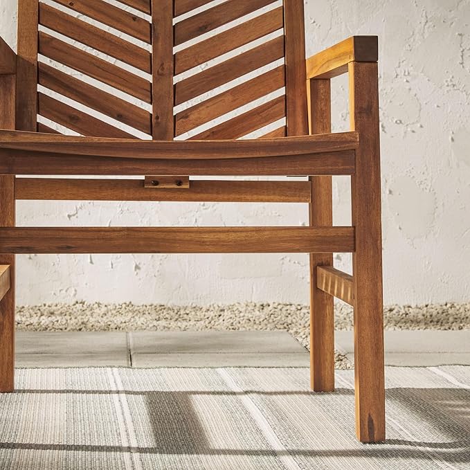 Walker Edison 2 Piece Outdoor Patio Chevron Wood Chair Set All Weather Backyard Conversation Garden Poolside Balcony, Set of 2, Brown