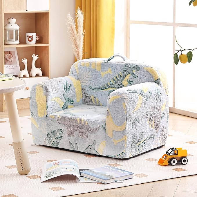 Tiita Kids Sofa, Children Couch with Carrying Handle & Side Pockets, Kids Foam Chair, Toddler Armrest Chair, Lightweight Children Sofa Chair, Kids Read Sofa for Girl or Boy (Grey Dinosaur)