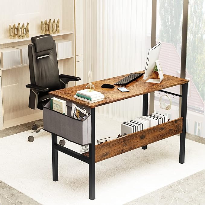 DKLGG Small Computer Desk Study Table, 43 Inch Home Office Laptop Table for Small Spaces, Modern Work Writing Table with Storage Bag & Headphone Hook, Rustic Brown