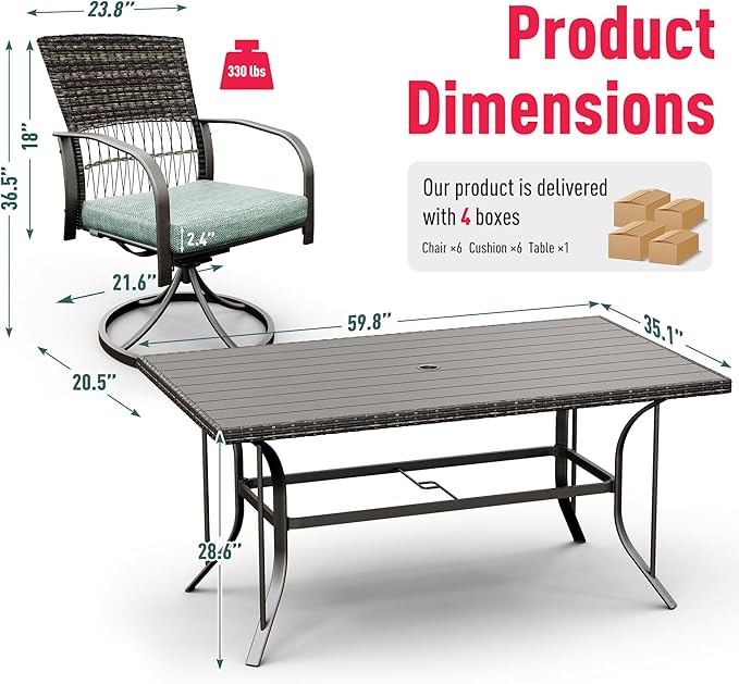 Pamapic 7 Piece Patio Dining Set for 6,Outdoor Wicker Furniture Set for Backyard Garden Deck Poolside with 6 Cushions Swivel Rocker Chairs,Iron Slats Table Top, Removable Cushions(Green)
