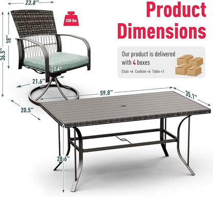 Pamapic 7 Piece Patio Dining Set for 6,Outdoor Wicker Furniture Set for Backyard Garden Deck Poolside with 6 Cushions Swivel Rocker Chairs,Iron Slats Table Top, Removable Cushions(Green)