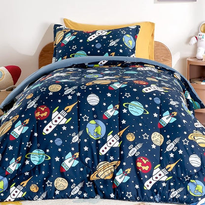 SLEEP ZONE Kids Bedding Twin Comforter Set - Super Soft & Cute Printed 2-Piece Comforter Set All Seasons for Boys, Girls, Fade Resistant, Machine Washable, Rocket Galaxy