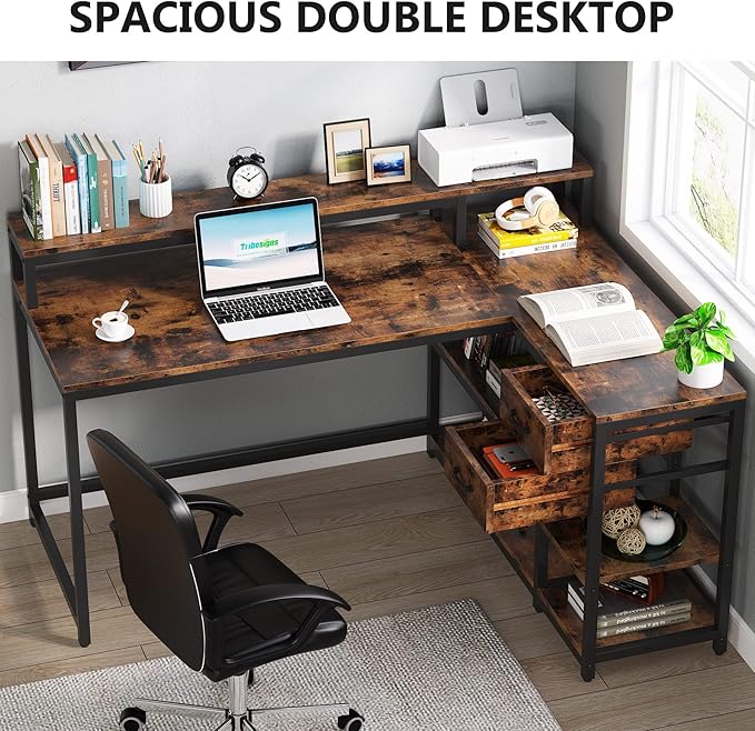 Reversible L-Shaped Computer Desk with hutch & Shelf,rustic