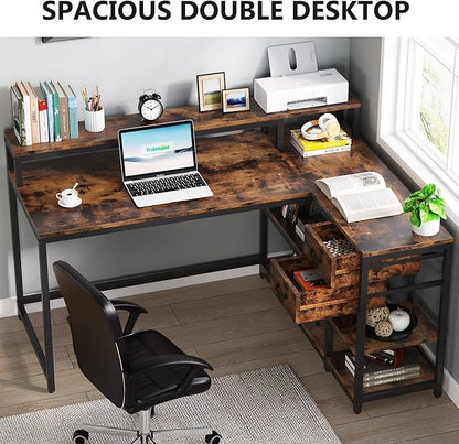 Reversible L-Shaped Computer Desk with hutch & Shelf,rustic