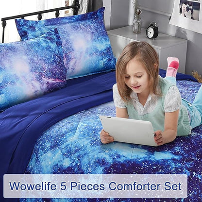 Wowelife Galaxy Bedding Twin Outer Space Comforter Set 5 Pieces Blue Cosmic Galaxy Bed Set Kids Bed in A Bag Twin for Teen Boys and Girls with Comforter, Flat Sheet, Fitted Sheet and 2 Pillowcases